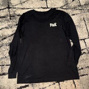 PINK Victoria's Secret Black Men's Long-Sleeve Crewneck Tee with White Logo